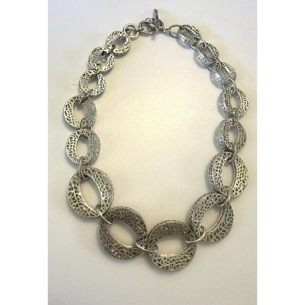 Silver Tone Open Oval Link Statement Necklace Textured Filigree Toggle